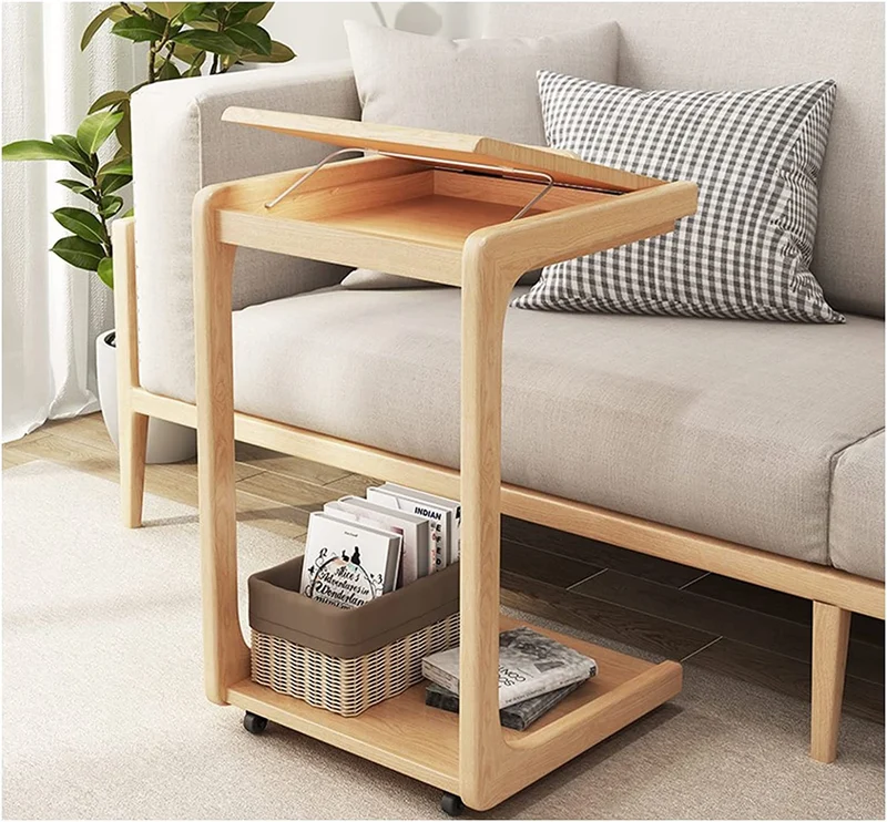 Table d'appoint réglable en forme de C en bois massif avec roues verrouillables