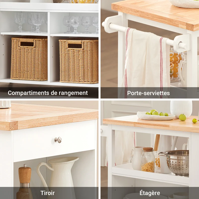 SoBuy FKW97-WN Desserte Cuisine avec Roulettes, Usage Polyvalent, Mobile, pour Cuisine et Salle à Manger, Rangement Optimisé – L108×P60×H90 cm, Blanc et Naturel