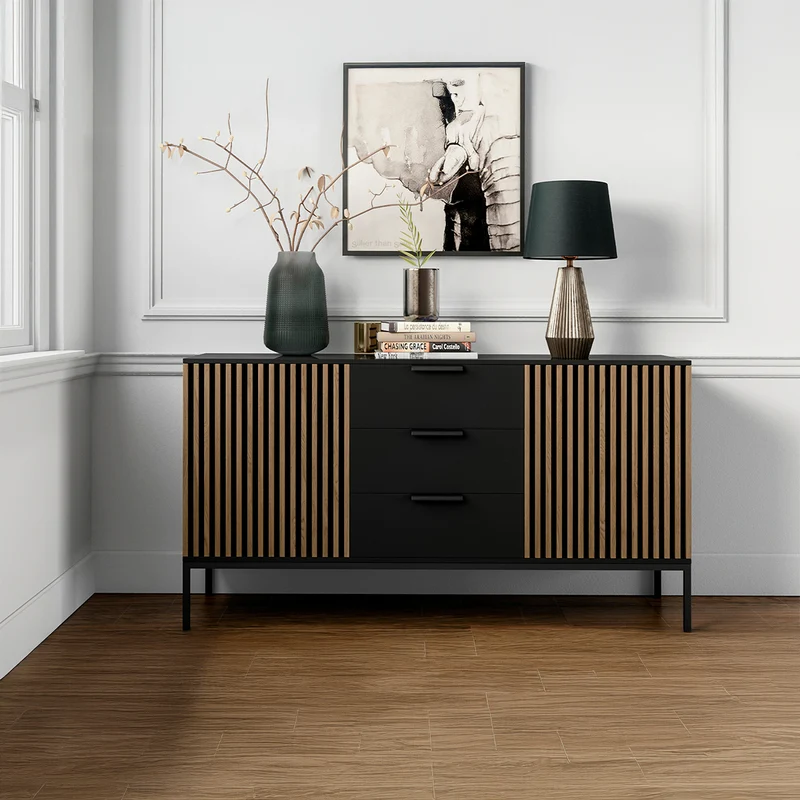 Buffet 2 portes 3 tiroirs Melchior Noir et Bois