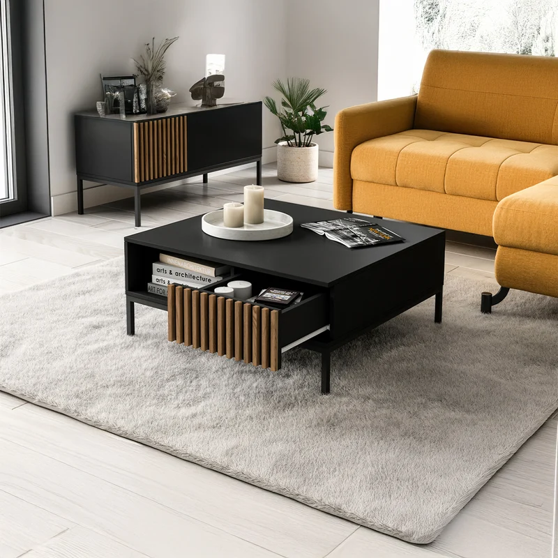 Table basse 1 tiroir 1 niche Melchior Noir et Bois