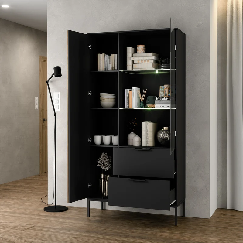 Vaisselier 2 portes 2 tiroirs Melchior Noir et Bois