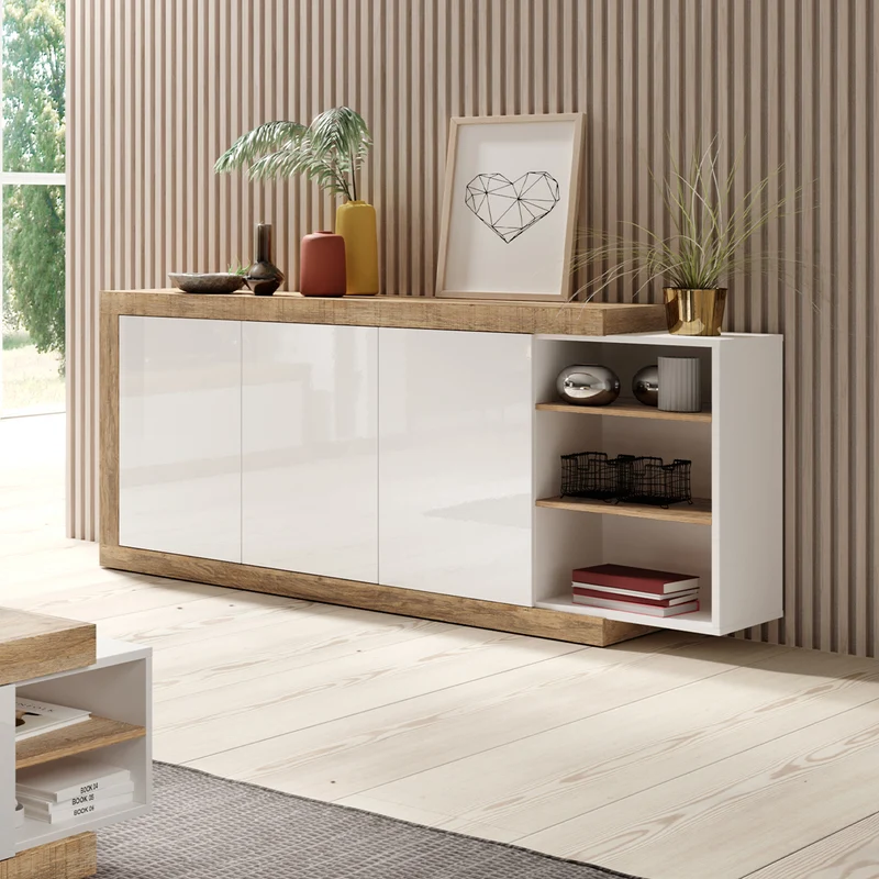 Buffet long 3 portes Azior Blanc et Bois