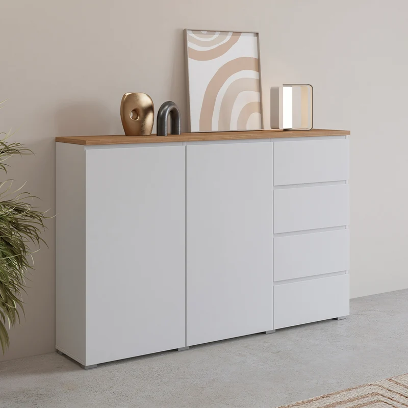 Buffet 2 portes 4 tiroirs Liko Blanc et Bois