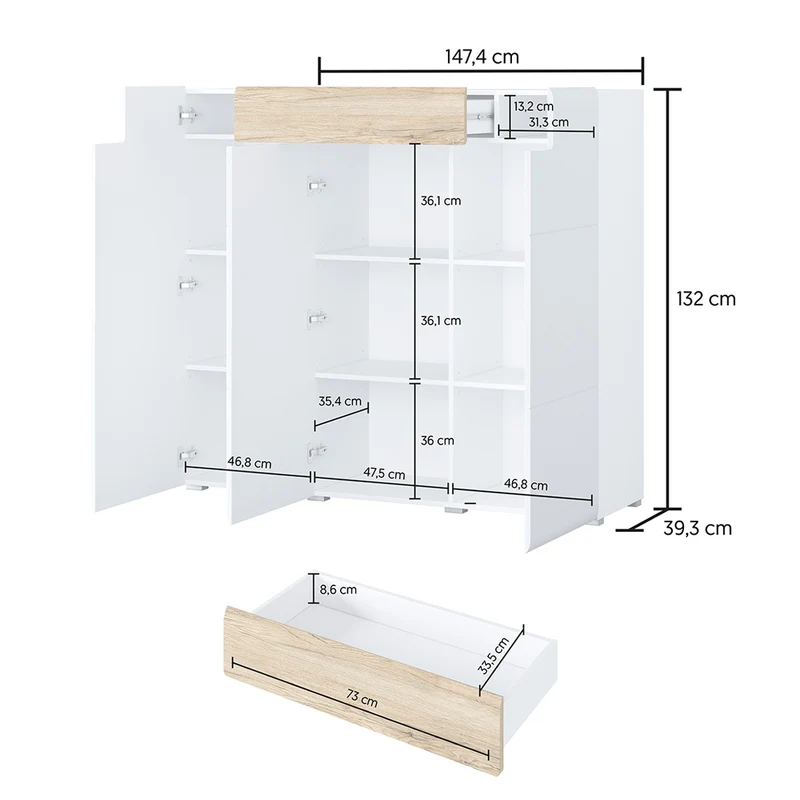 Buffet haut 3 portes 1 tiroir Jules Blanc et Bois