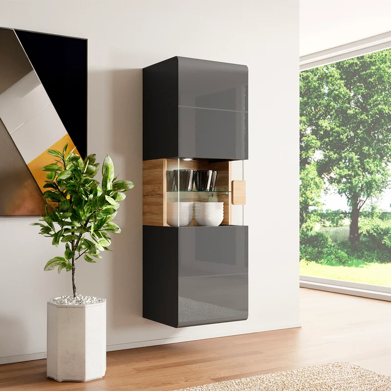 Vitrine murale 1 porte avec LED Jules Gris et Bois