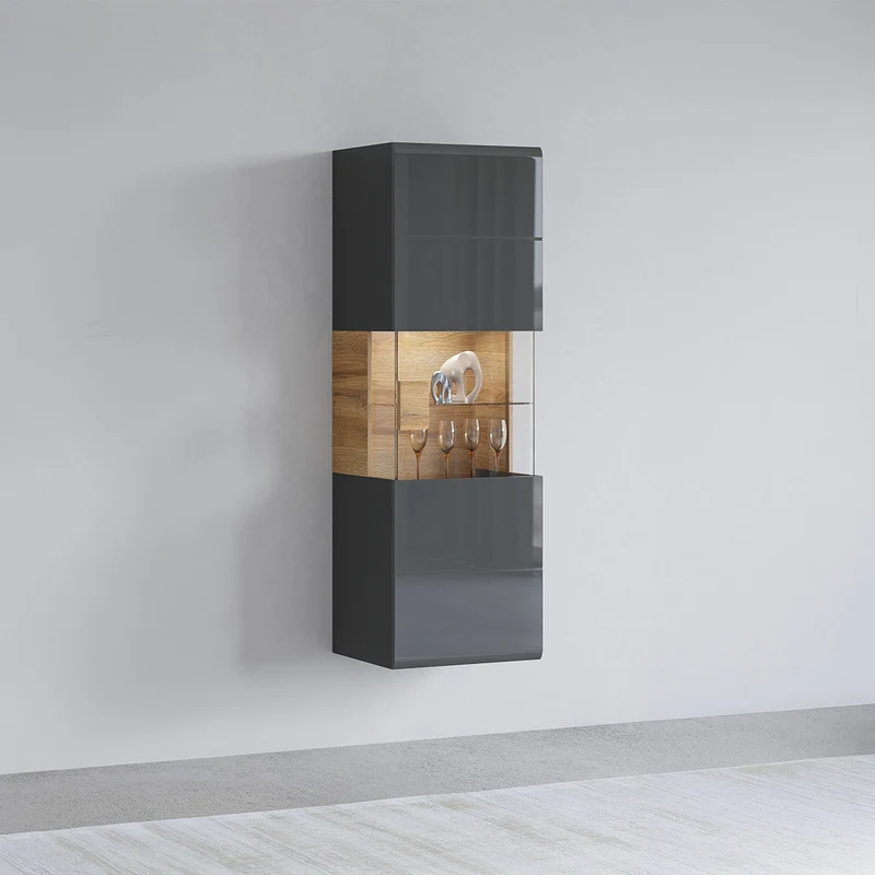 Vitrine murale 1 porte avec LED Jules Gris et Bois