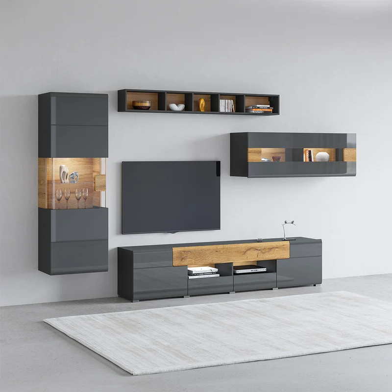Vitrine murale 1 porte avec LED Jules Gris et Bois