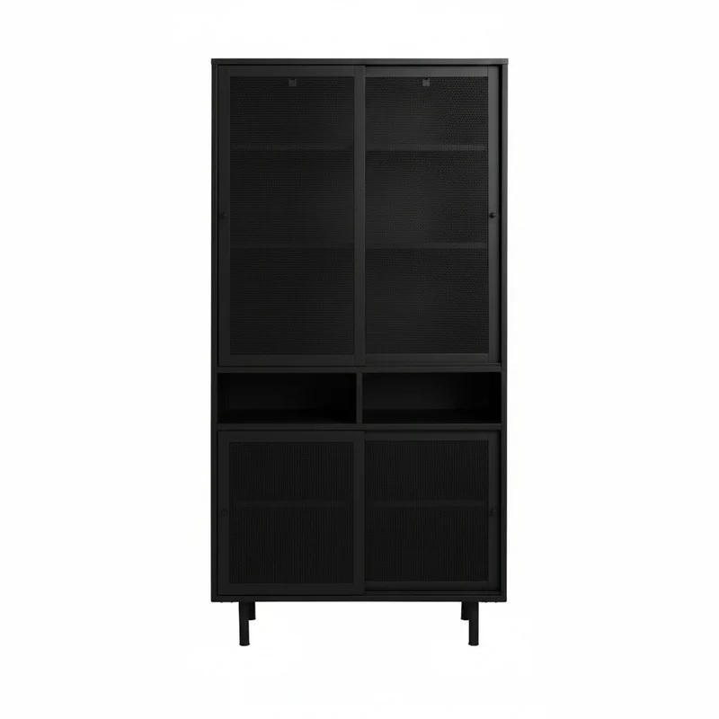 Vaisselier DRAWER Kiso 4 portes 2 niches en métal noir H180cm