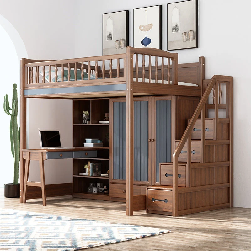 Lit mezzanine en bois massif avec armoire et bureau