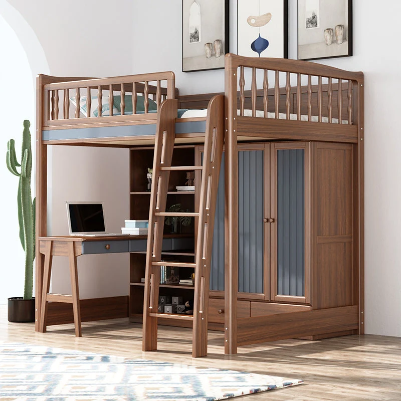 Lit mezzanine en bois massif avec armoire et bureau