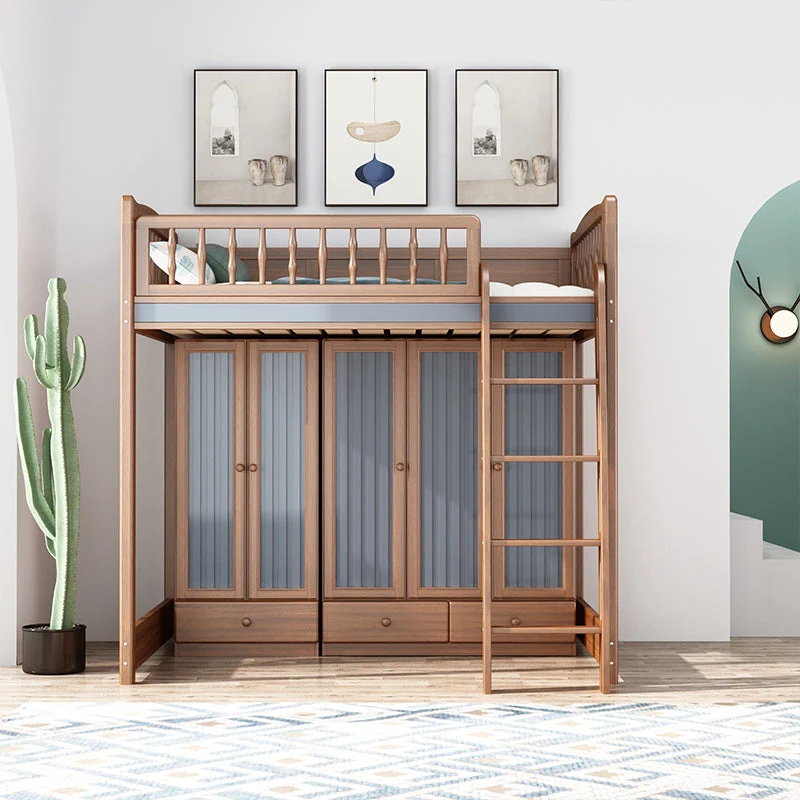 Lit mezzanine en bois massif avec armoire et bureau