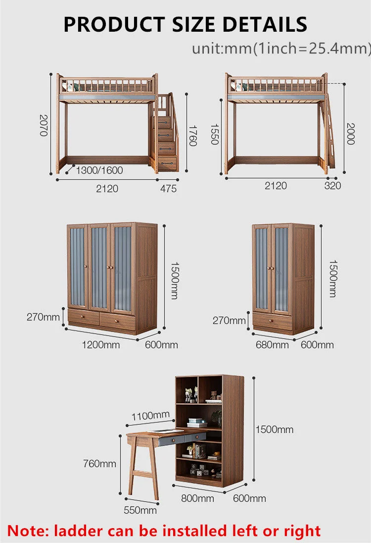 Lit mezzanine en bois massif avec armoire et bureau
