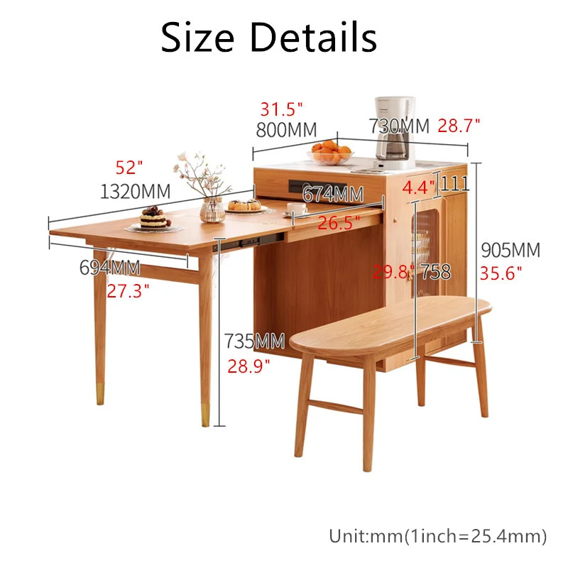 Table de salle à manger avec îlot de cuisine en bois massif peu encombrant