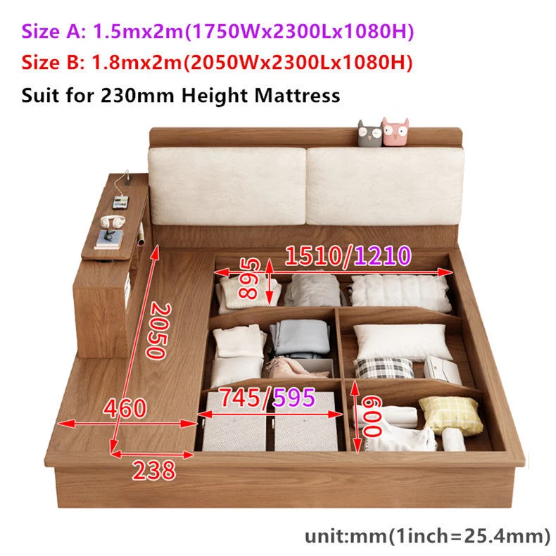 Lit de rangement relevable avec bureau et tiroirs rotatifs