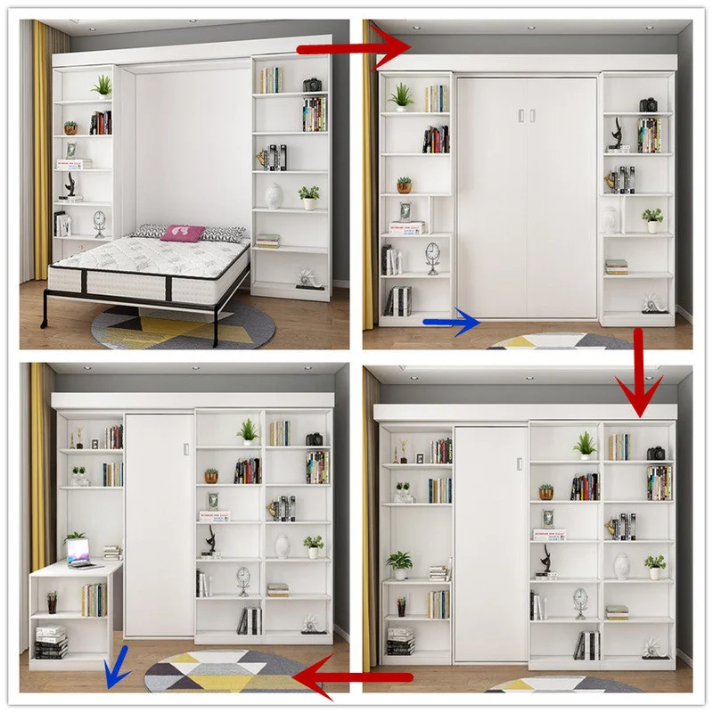 Lit escamotable avec étagère et armoire et bureau pliable