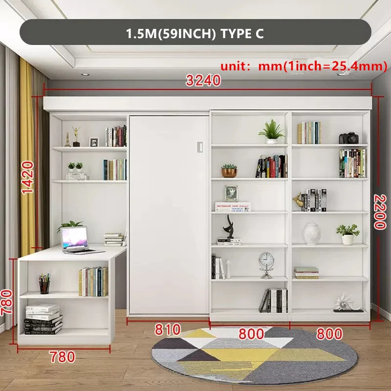 Lit escamotable avec étagère et armoire et bureau pliable