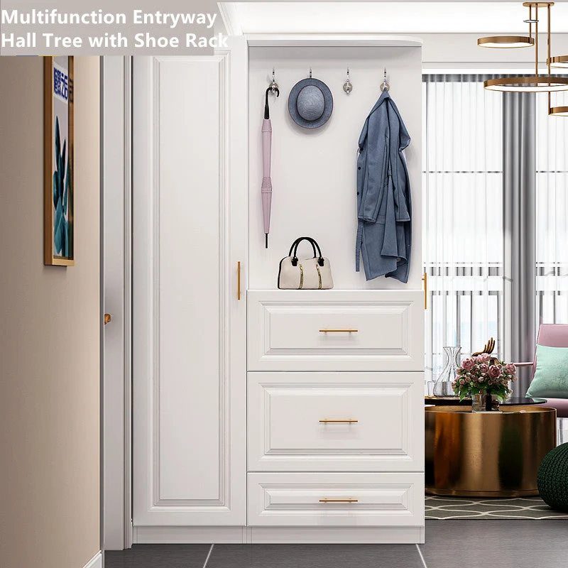 Arbre de hall d'entrée multifonction avec étagère à chaussures coulissante et armoire à une porte