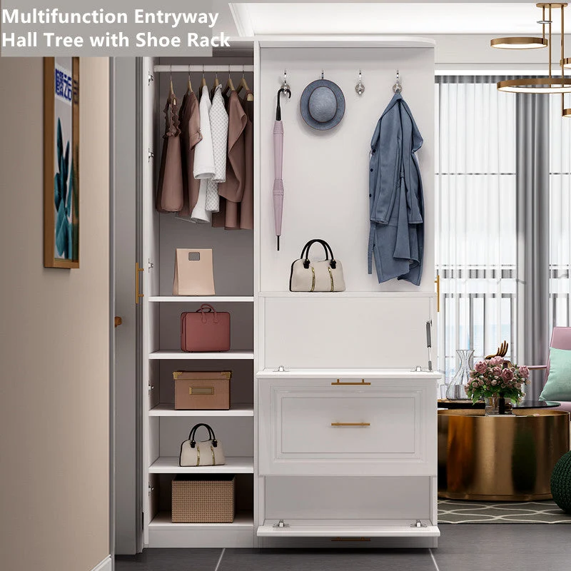 Arbre de hall d'entrée multifonction avec étagère à chaussures coulissante et armoire à une porte