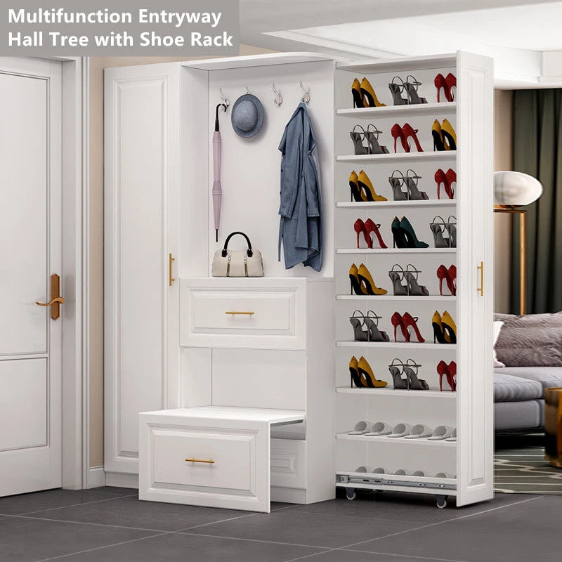 Arbre de hall d'entrée multifonction avec étagère à chaussures coulissante et armoire à une porte