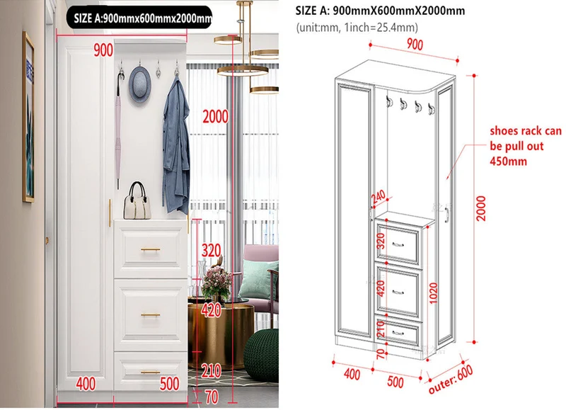 Arbre de hall d'entrée multifonction avec étagère à chaussures coulissante et armoire à une porte