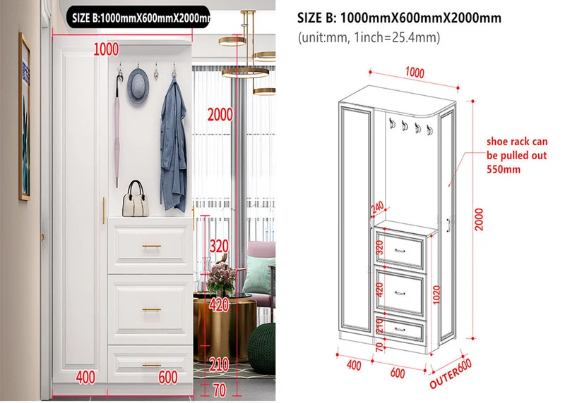 Arbre de hall d'entrée multifonction avec étagère à chaussures coulissante et armoire à une porte