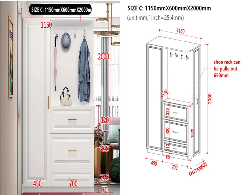 Arbre de hall d'entrée multifonction avec étagère à chaussures coulissante et armoire à une porte