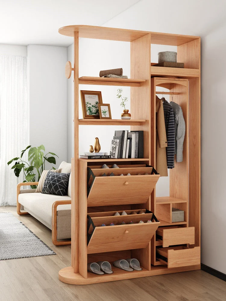 Arbre de hall d'entrée multifonction avec armoire rotative à miroir pleine longueur et armoire à chaussures basculante