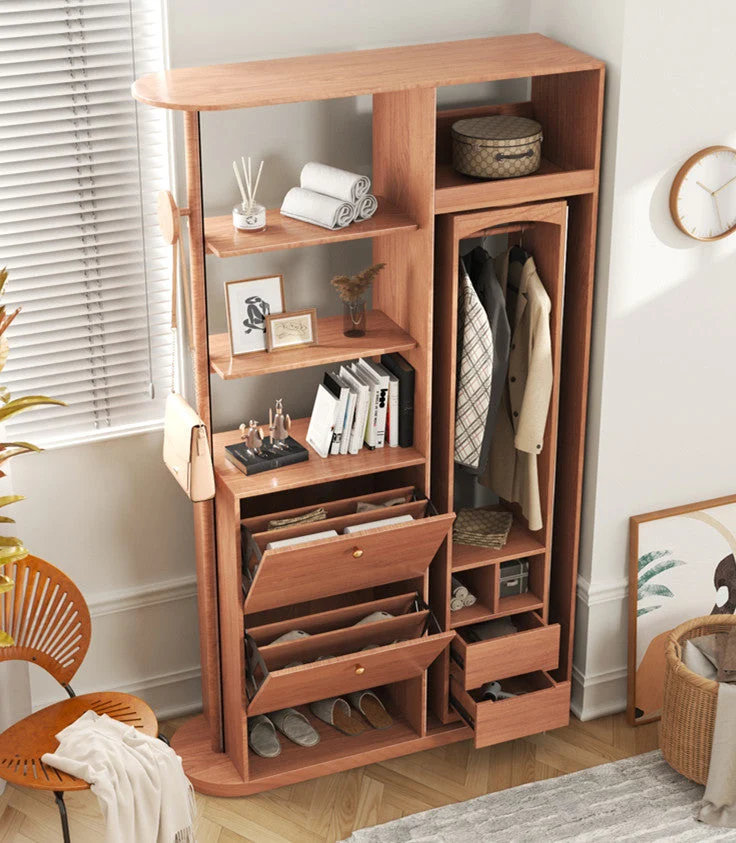 Arbre de hall d'entrée multifonction avec armoire rotative à miroir pleine longueur et armoire à chaussures basculante
