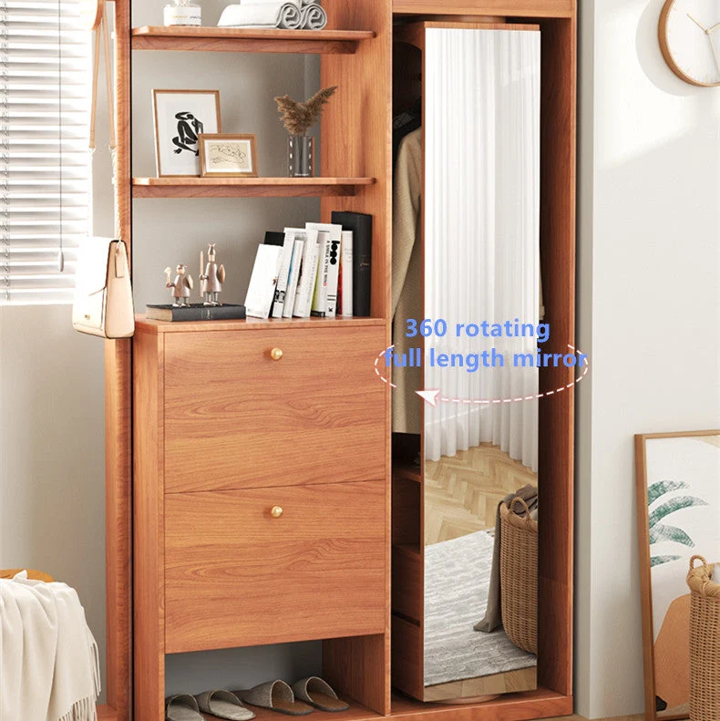 Arbre de hall d'entrée multifonction avec armoire rotative à miroir pleine longueur et armoire à chaussures basculante
