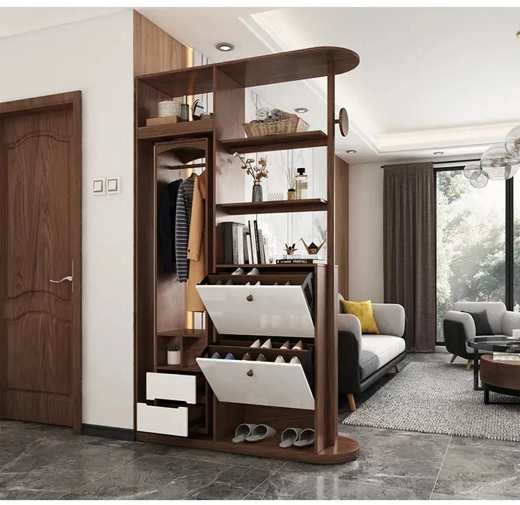 Arbre de hall d'entrée multifonction avec armoire rotative à miroir pleine longueur et armoire à chaussures basculante