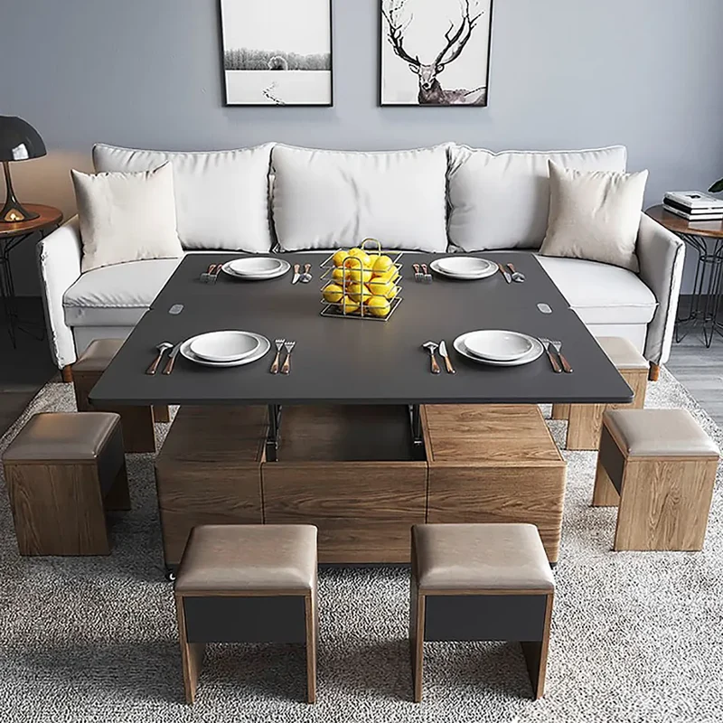 Table Basse Multifonctionnelle Pliante À Plateau Élévateur 3-en-1 Avec Roues Universelles