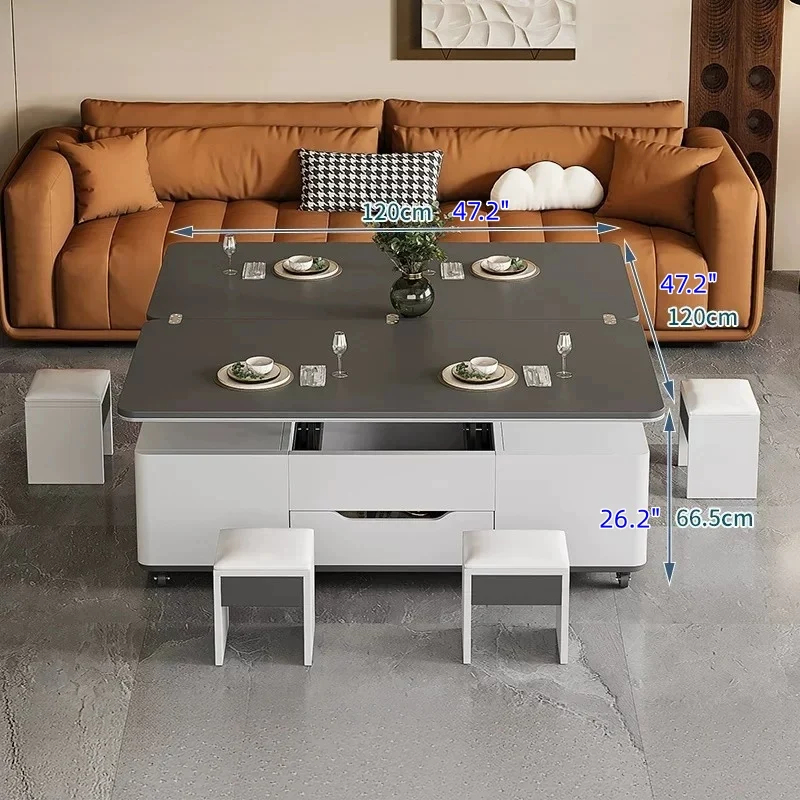 Table Basse Multifonctionnelle Pliante À Plateau Élévateur 3-en-1 Avec Roues Universelles