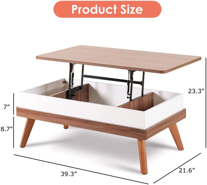 Table basse à plateau relevable facile à assembler avec compartiment de rangement caché