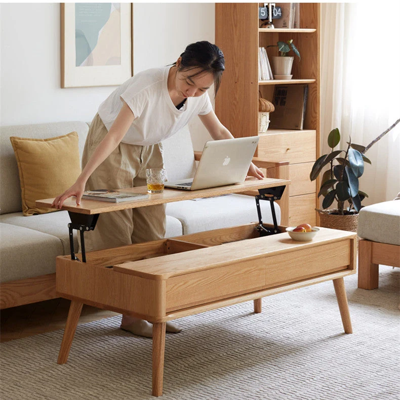 Table basse à plateau relevable en bois massif avec tiroirs et compartiments de rangement cachés