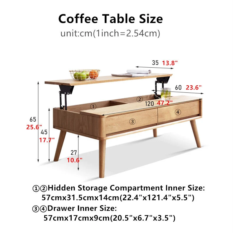 Table basse à plateau relevable en bois massif avec tiroirs et compartiments de rangement cachés