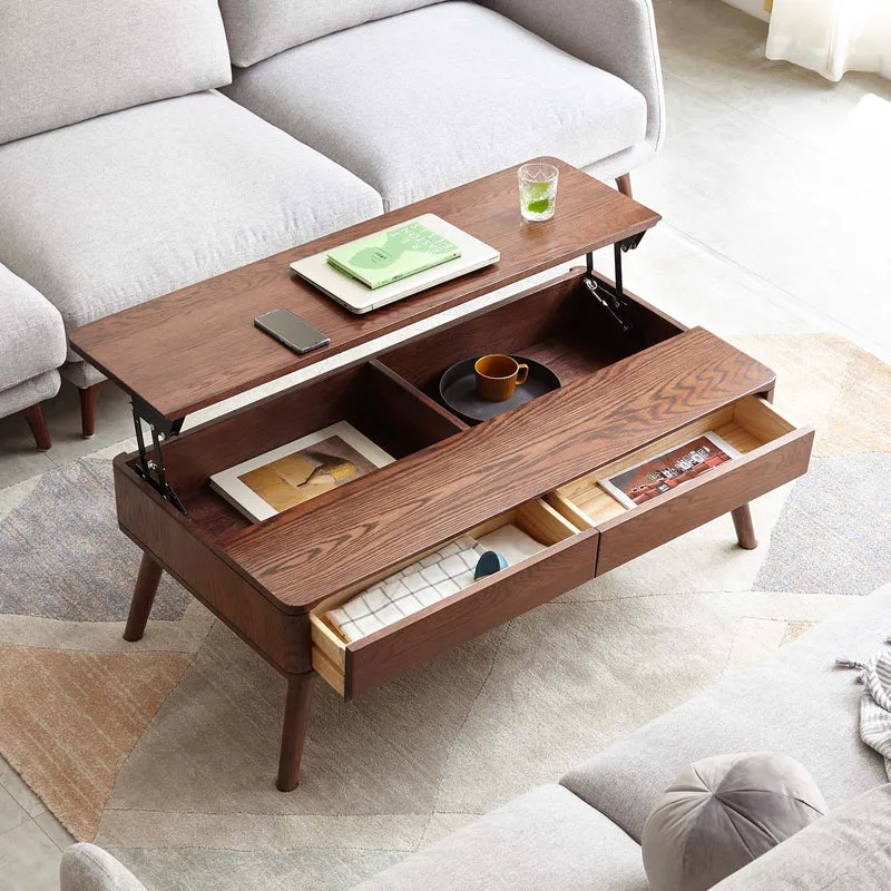 Table basse à plateau relevable en bois massif avec tiroirs et compartiments de rangement cachés