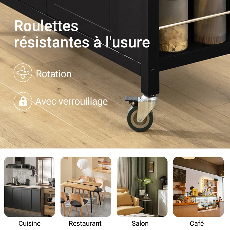 SoBuy FKW108-SCH Desserte Cuisine avec Plateau en Acier Inoxydable, Tiroirs et Roulettes, Usage Polyvalent, Mobile – L107×P46×H94 cm, Bois + Inox, Noir