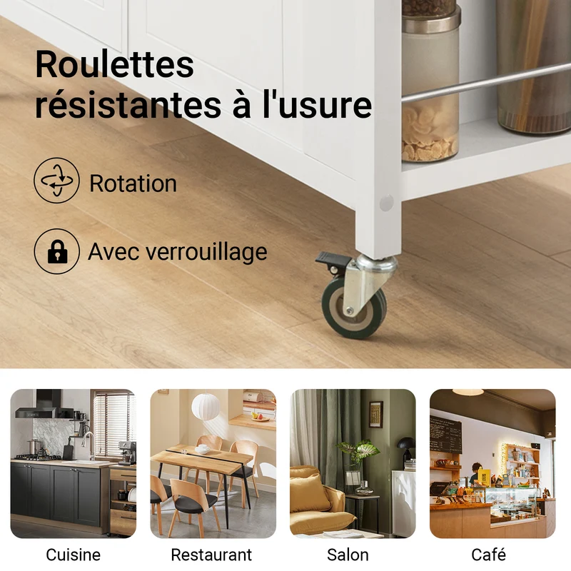 SoBuy FKW108-W Desserte Cuisine avec Plateau en Acier Inoxydable, Tiroirs et Roulettes, Usage Polyvalent, Mobile – L107×P46×H94 cm, Bois + Inox, Blanc