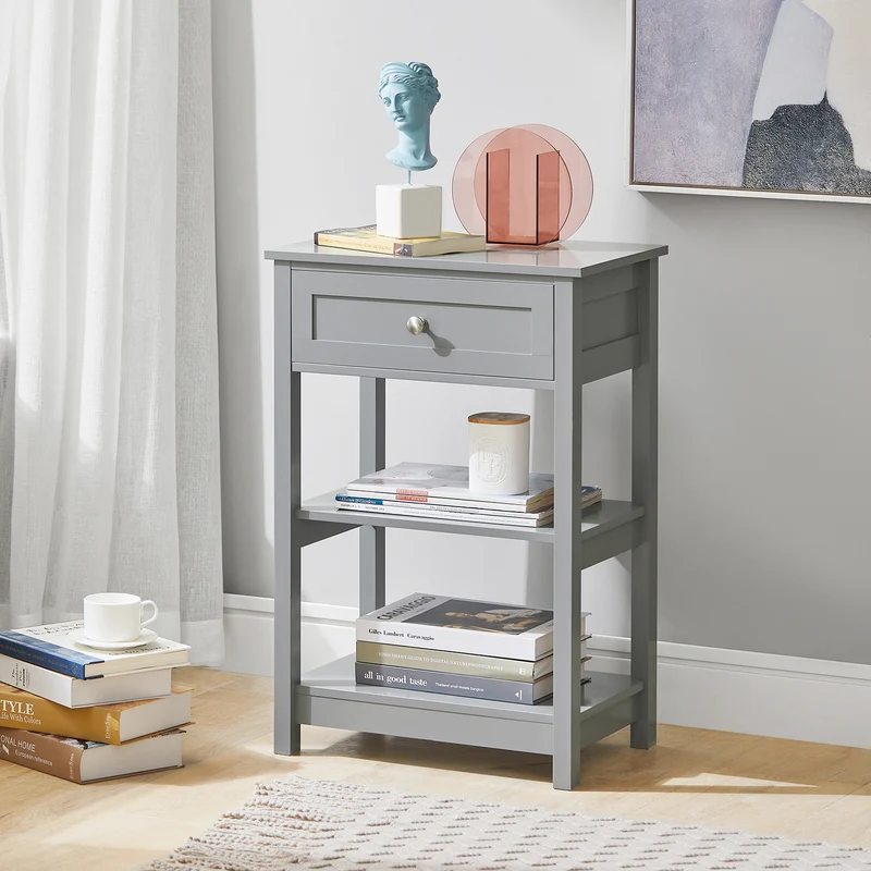 SoBuy FBT46-HG Table de Chevet avec 1 Tiroir & 2 Étagères, Table d'appoint Moderne, Gris, L45 x P30 x H68cm