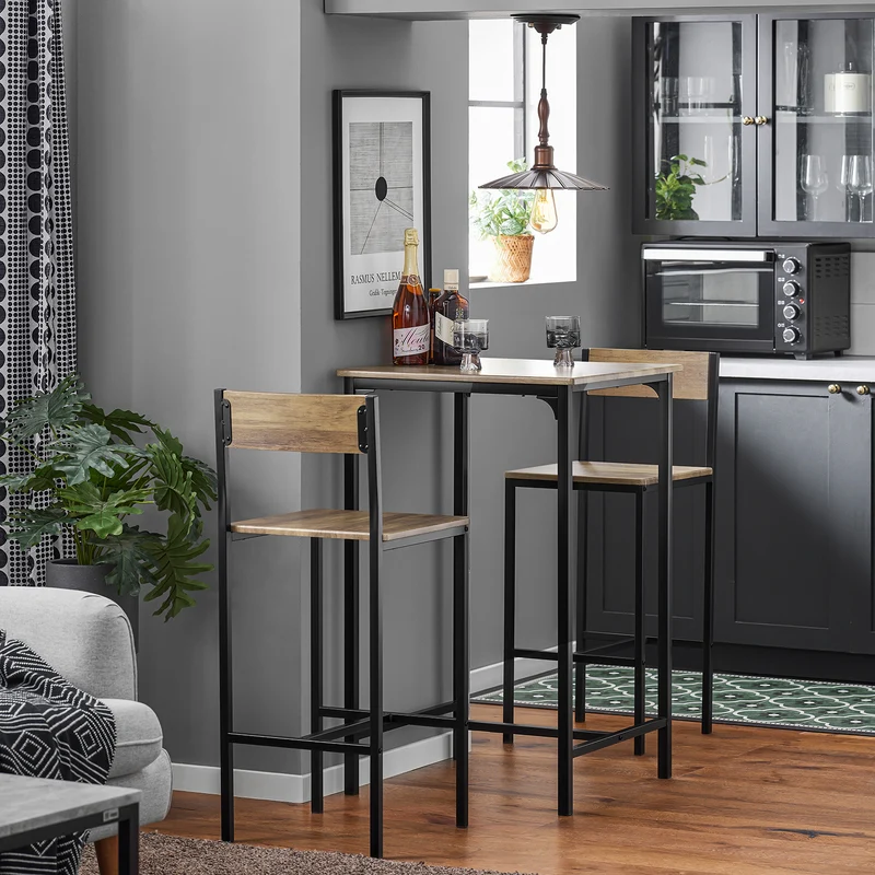 SoBuy OGT27-N Ensemble Table Haute avec 1 Table et 2 Tabourets, Format Gain de Place, pour Cuisine et Salle à Manger, Design Fonctionnel – MDF + Métal, Naturel