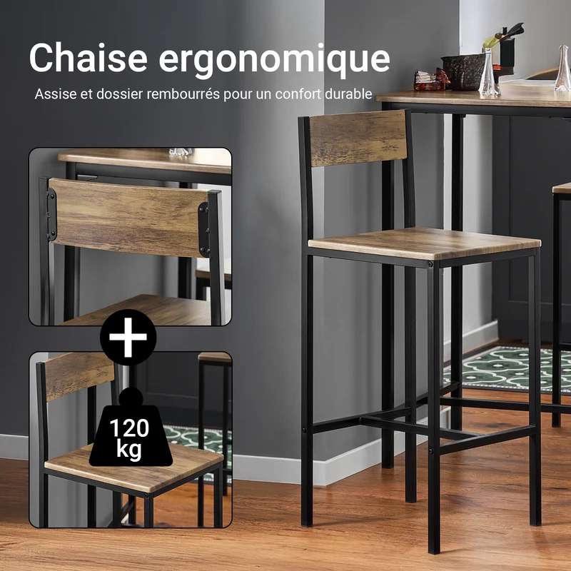 SoBuy OGT27-N Ensemble Table Haute avec 1 Table et 2 Tabourets, Format Gain de Place, pour Cuisine et Salle à Manger, Design Fonctionnel – MDF + Métal, Naturel