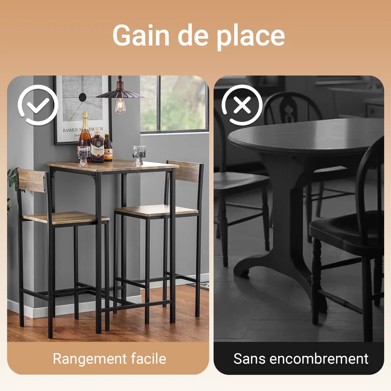 SoBuy OGT27-N Ensemble Table Haute avec 1 Table et 2 Tabourets, Format Gain de Place, pour Cuisine et Salle à Manger, Design Fonctionnel – MDF + Métal, Naturel