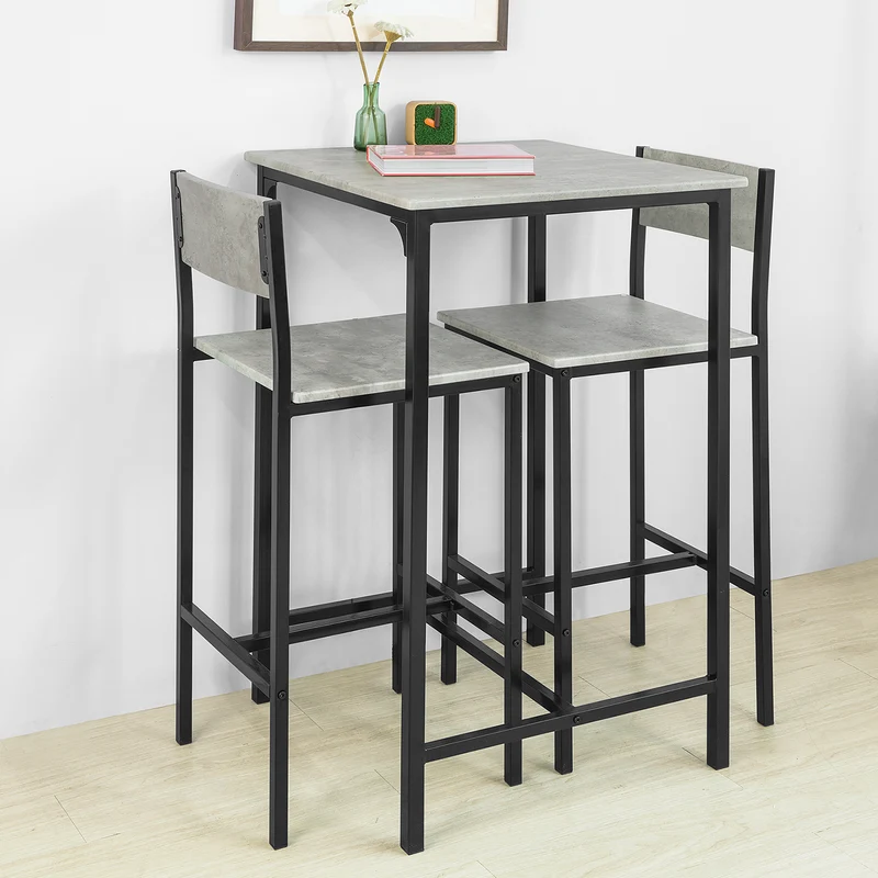 SoBuy OGT27-HG Ensemble Table Haute avec 1 Table et 2 Tabourets, Format Gain de Place, pour Cuisine et Salle à Manger, Design Fonctionnel – MDF + Métal, Gris