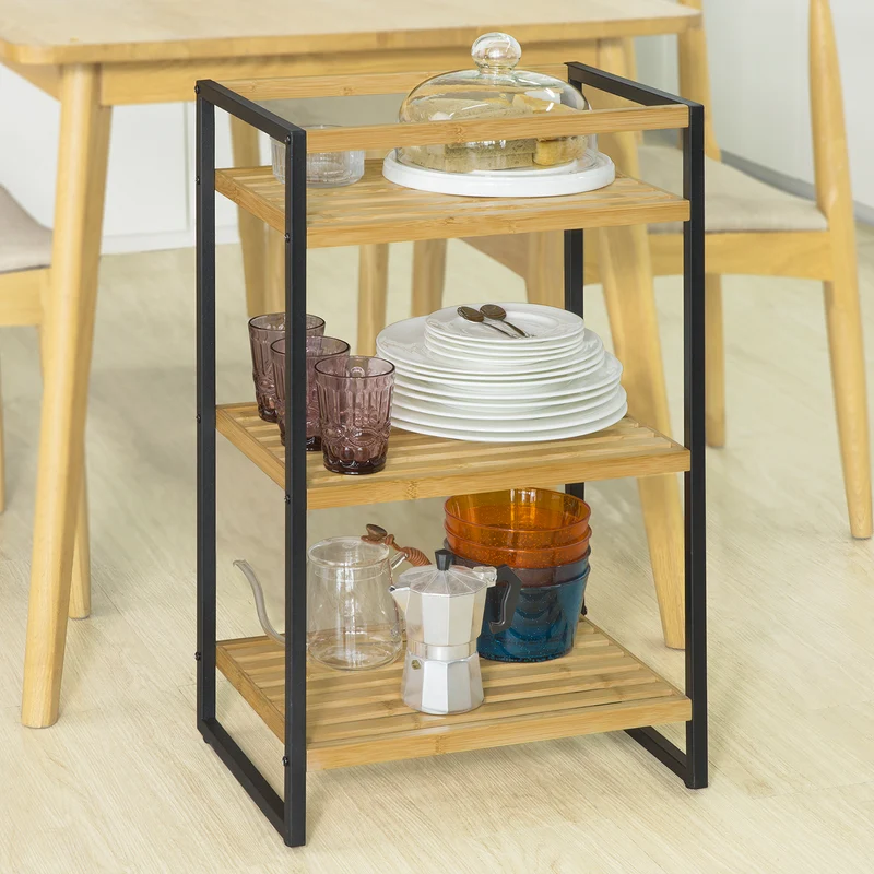SoBuy STR05-K-N Étagère de Rangement Étagère de Salle de Bain Cuisine Étagère Debout 3 étages en Bambou et Métal