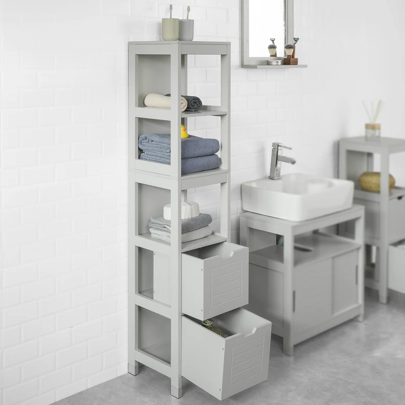 sebuyfr.comG126-HG Meuble Colonne de Salle de Bain Armoire Haute – 4 étagères et 2 tiroirs -Gris Clair
