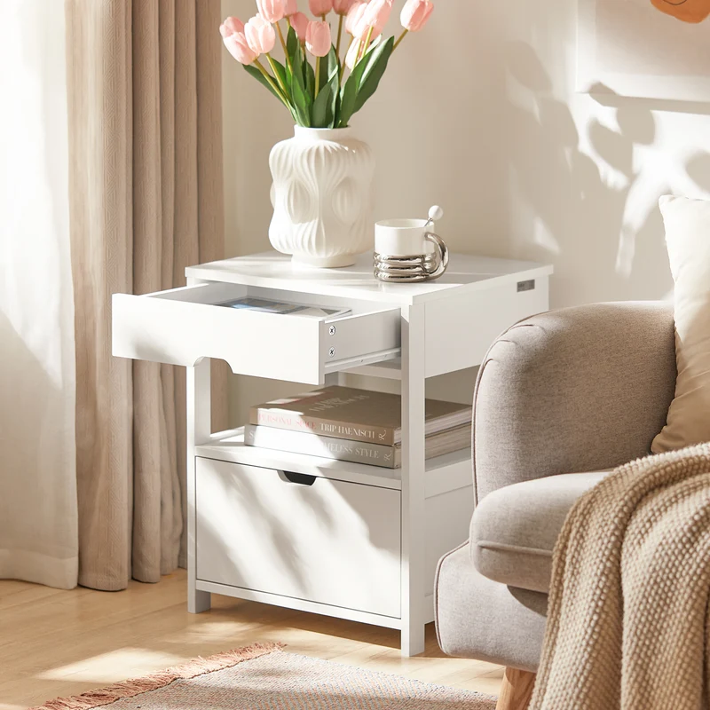 sebuyfr.comG258-W Table de Chevet avec 2 tiroirs et étagère, Table de Nuit pour Chambre à Coucher - Meuble de Rangement Moderne L45 x P38 x H55 cm Blanc