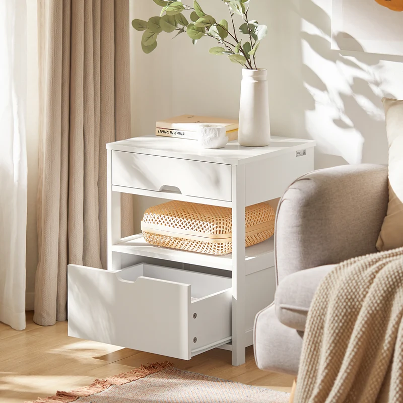 sebuyfr.comG258-W Table de Chevet avec 2 tiroirs et étagère, Table de Nuit pour Chambre à Coucher - Meuble de Rangement Moderne L45 x P38 x H55 cm Blanc