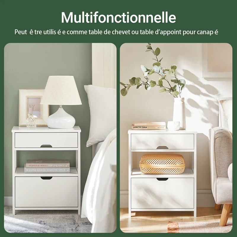 sebuyfr.comG258-W Table de Chevet avec 2 tiroirs et étagère, Table de Nuit pour Chambre à Coucher - Meuble de Rangement Moderne L45 x P38 x H55 cm Blanc