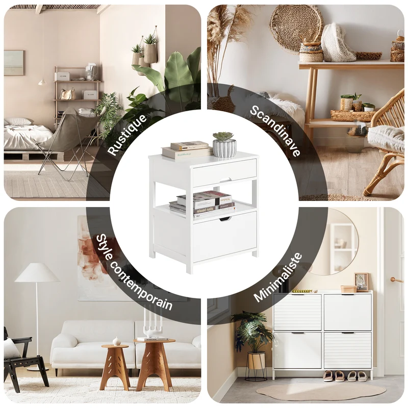 sebuyfr.comG258-W Table de Chevet avec 2 tiroirs et étagère, Table de Nuit pour Chambre à Coucher - Meuble de Rangement Moderne L45 x P38 x H55 cm Blanc