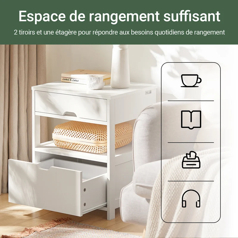 sebuyfr.comG258-W Table de Chevet avec 2 tiroirs et étagère, Table de Nuit pour Chambre à Coucher - Meuble de Rangement Moderne L45 x P38 x H55 cm Blanc